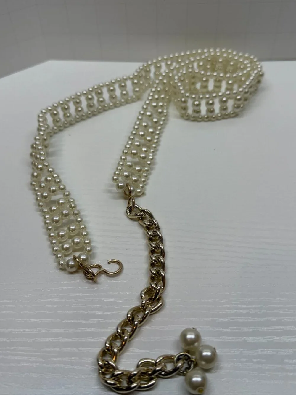 Vtg 60s Strand Faux Pearls Beaded Belt Adjustable gold tone Chain